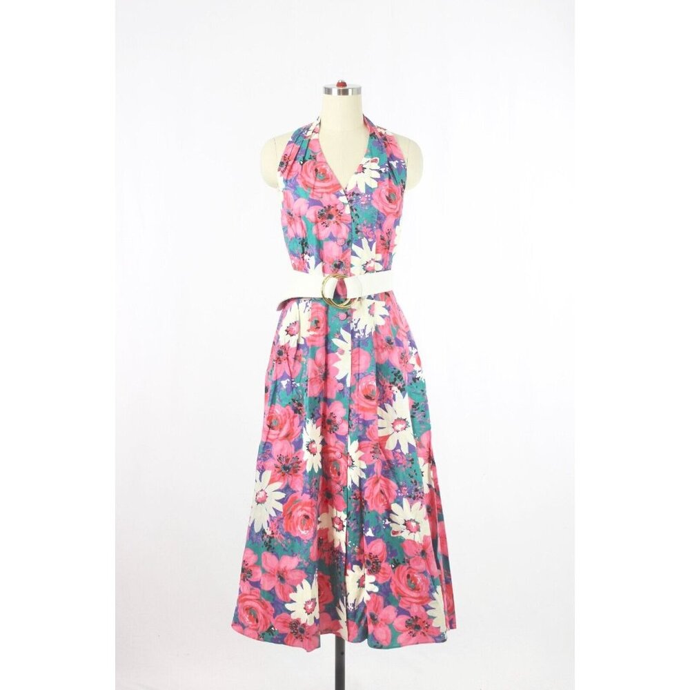 Vintage 80's CANNES Pink Floral Cotton Canvas Halter Midi Circle Dress, Size 14 - Picture 1 of 15